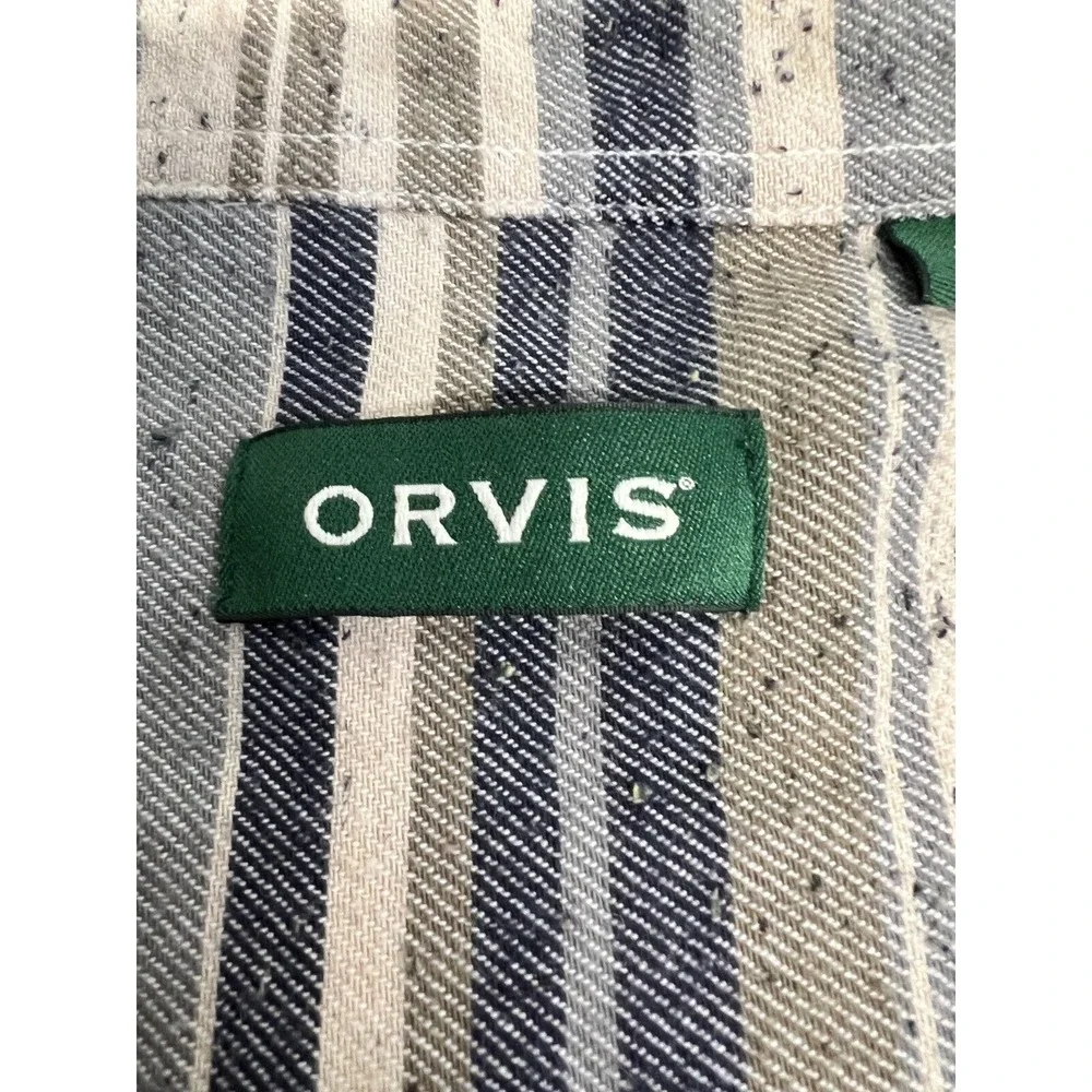 Orvis Flannel Button Up Shirt Suede Collar‎ Striped Mens Size L Western Blue Tan